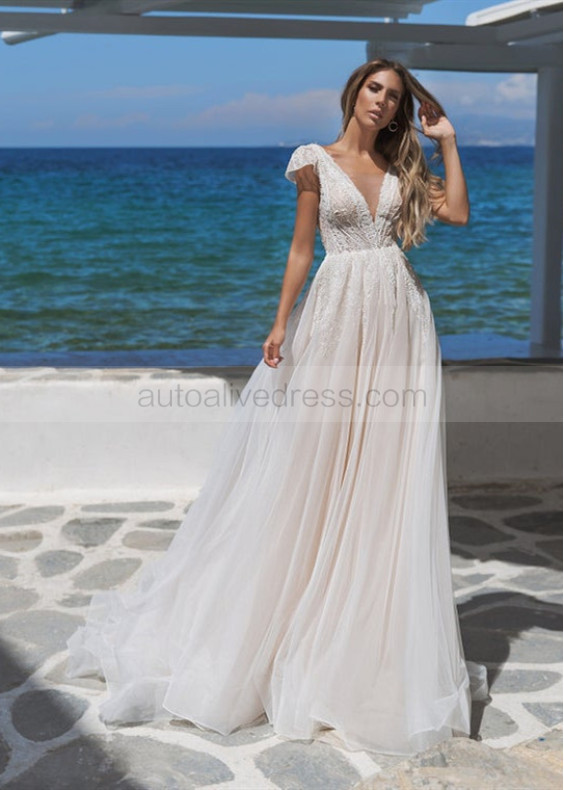 Beaded Ivory Lace Tulle Flowy Beach Wedding Dress